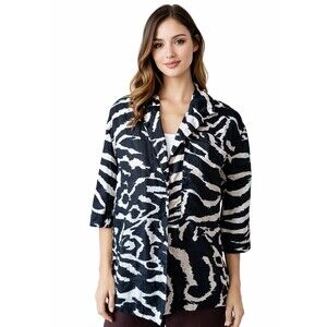 Copenhagen Muse Women’s Blouse Linen Shirt S Black White Zebra Button Modern Boh